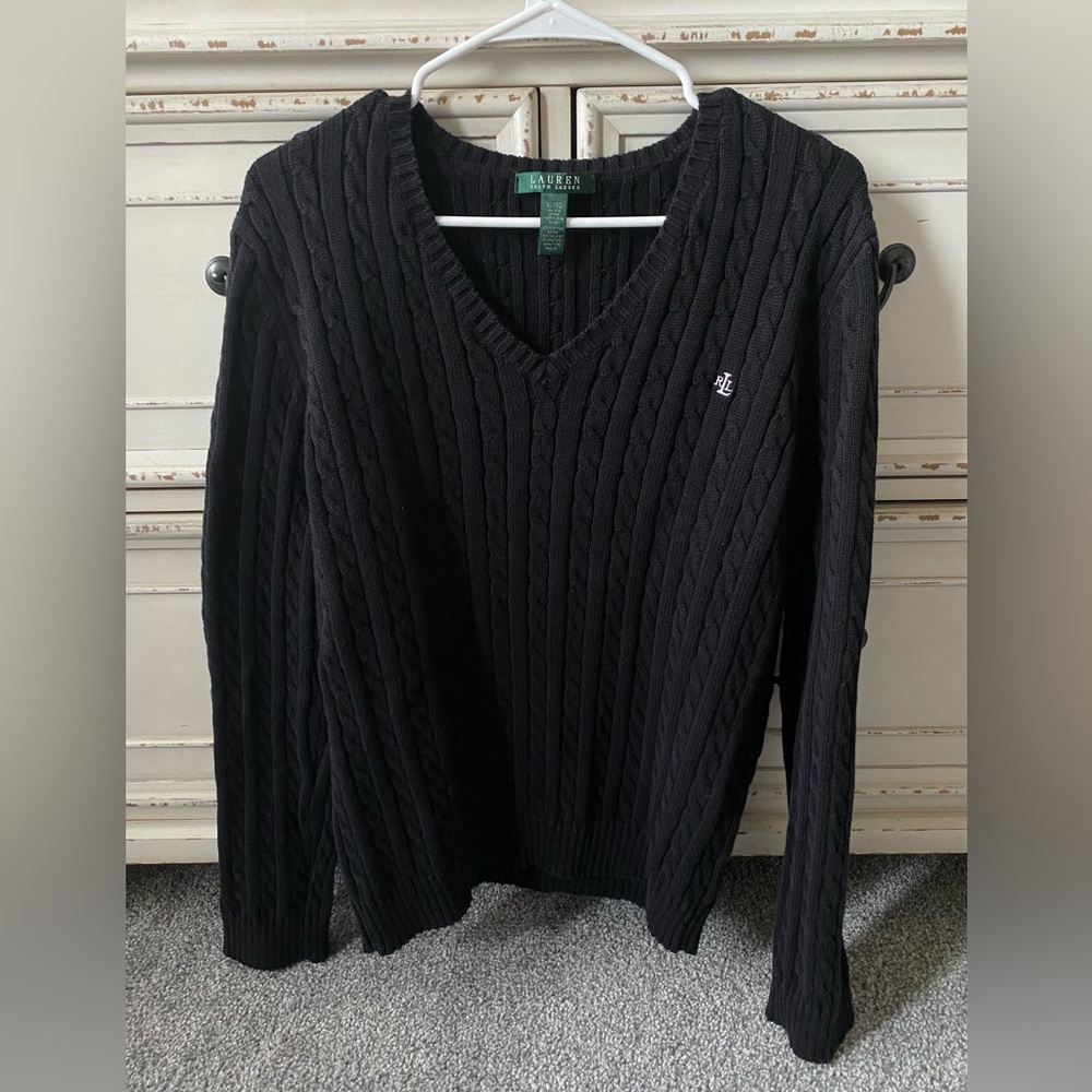 Vintage Ralph Lauren 100% Cotton Black Cable Knit Sweater (XL) Classic Preppy